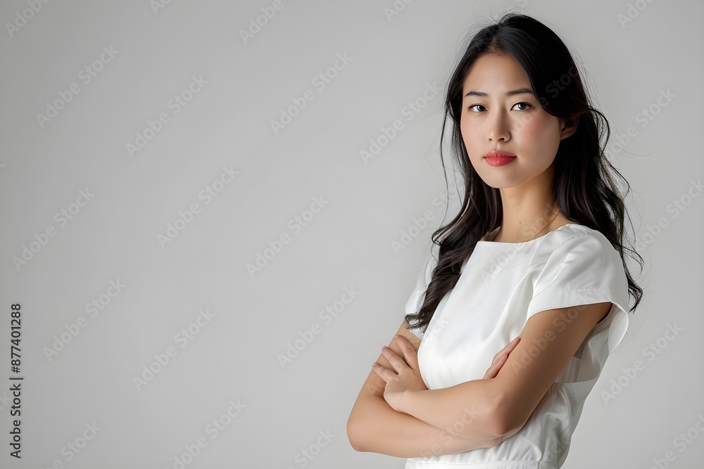 Asian businesswoman, with a pure white background, elegant white dress and has her arms folded across her chest Asian businesswoman, with a pure white background, elegant white dress and has her arms folded across her chest