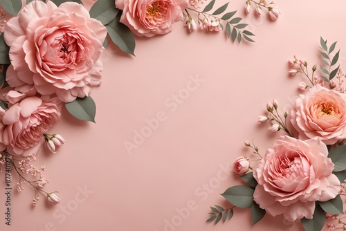 Fototapeta Naklejka Na Ścianę i Meble -  Delicate pink roses and babys breath on a soft blush background