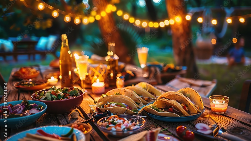Cozy outdoor taco dinner party with festive string lights, delicious food, and drinks on a rustic wooden table at sunset. Cozy outdoor taco dinner party with festive string lights, delicious food, and drinks on a rustic wooden table at sunset.