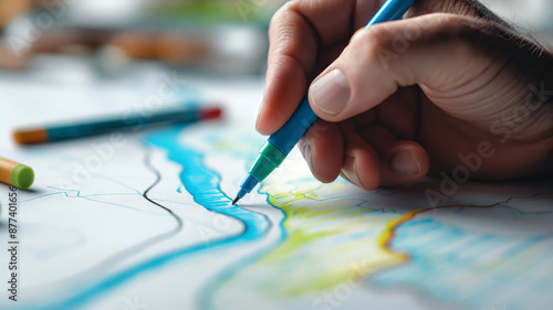 A hand drawing a winding river on an ecological map, using blue and green markers to emphasize environmental management and sustainable practices.