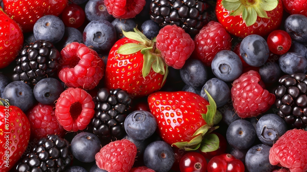 A close up of a variety of berries including blueberries, raspberries A close up of a variety of berries including blueberries, raspberries
