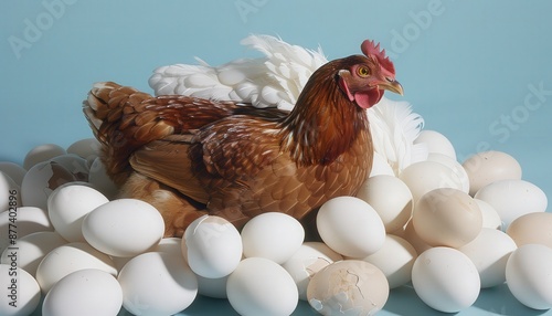 A brown hen sitting on a pile of white eggs. photo