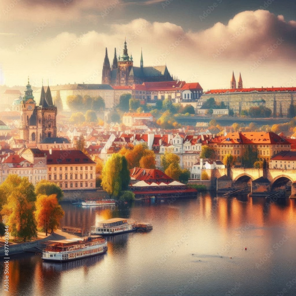 Obraz premium View of the Prague Castle from the river. Generative ai.