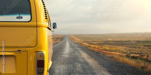 Vintage yellow van on rural road exuding classic oldmoney aesthetic vibes. Concept Vintage Van, Yellow Color, Rural Road, Classic Aesthetic, Old Money Vibes photo