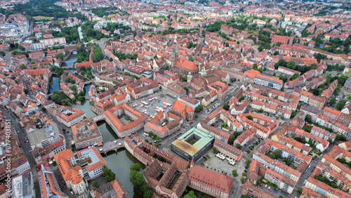 Aerial panorama view of the old town of the city Nuremberg during an cloudy summer day in Bavaria, germany