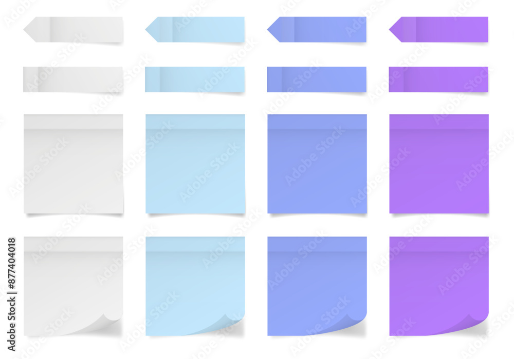 Set of square paper stickers. Stick in notes. White, purple and blue colors. Multicolor post it notes. Sheets of paper. Tag, sticky note. Pointed bookmarks Set of square paper stickers. Stick in notes. White, purple and blue colors. Multicolor post it notes. Sheets of paper. Tag, sticky note. Pointed bookmarks