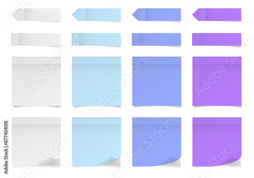 Set of square paper stickers. Stick in notes. White, purple and blue colors. Multicolor post it notes. Sheets of paper. Tag, sticky note. Pointed bookmarks	