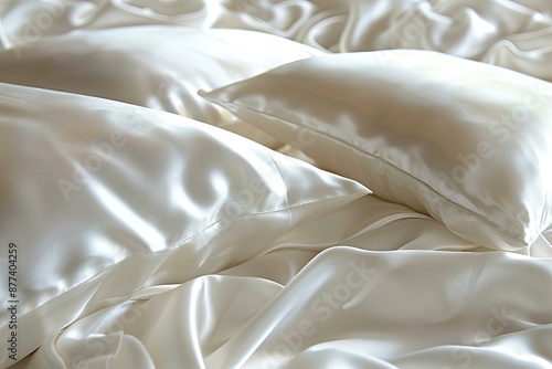 White silk bedding is laying on a bed, its smooth texture is ideal for beauty and lifestyle concepts