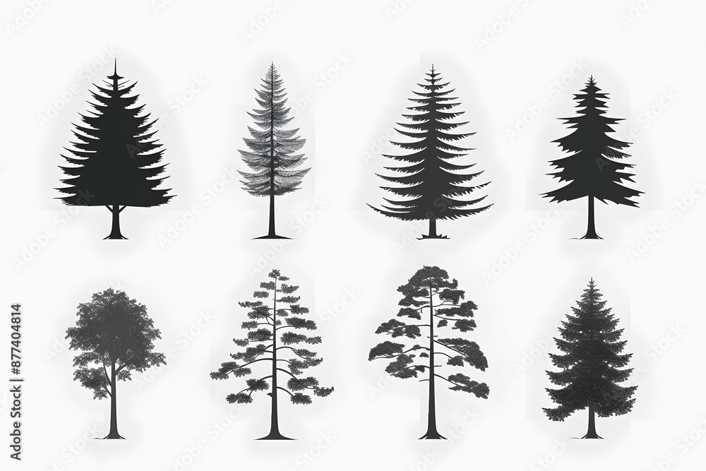 Fototapeta premium Eight diverse silhouette trees displaying coniferous and deciduous shapes