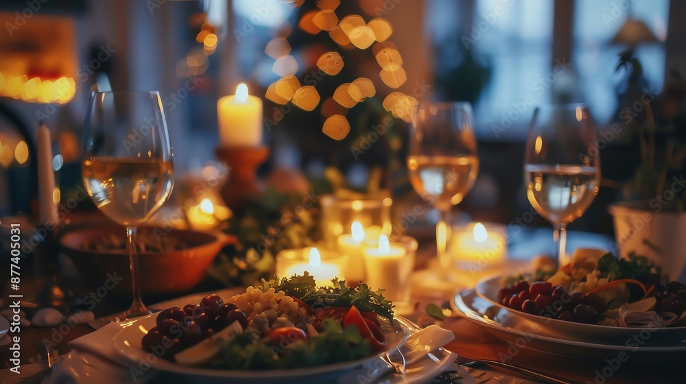 Cozy holiday dinner table set with candles, wine glasses, and delicious food, creating a warm and festive atmosphere for a delightful evening. Cozy holiday dinner table set with candles, wine glasses, and delicious food, creating a warm and festive atmosphere for a delightful evening.