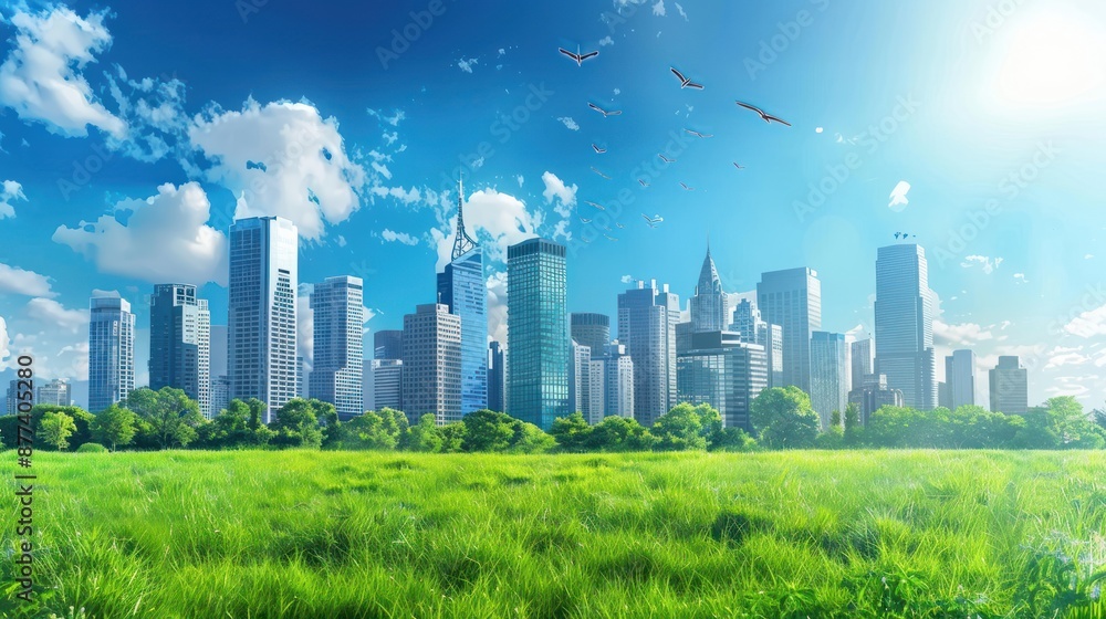 Green Cityscape with Skyline and Birds Flying Green Cityscape with Skyline and Birds Flying