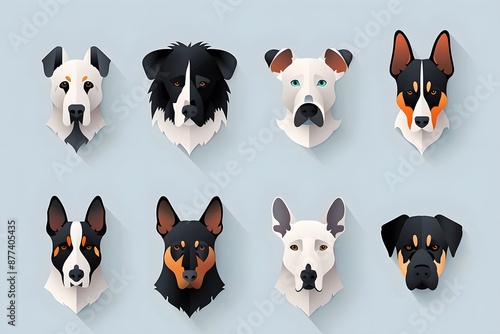 A collection of eight dog portraits displaying various breeds with stylized, geometric designs.