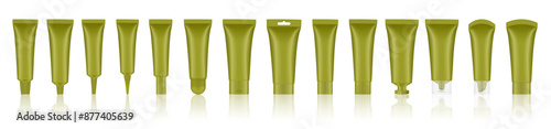 Set of olive green cosmetic tubes. Closed blank tubes with caps. Realistic mockup. Long nozzle tube. for ointment or salve. Gel serum. Korean packaging. Lip gloss. Toothpaste. Hand cream