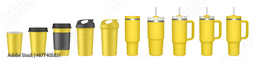 Thermo cup with handle and straw. 20, 30, 40 oz. Travel thermos. Set of yellow mugs. Tumbler. Sport shaker,. Paper cup with plastic lid and cupholder	