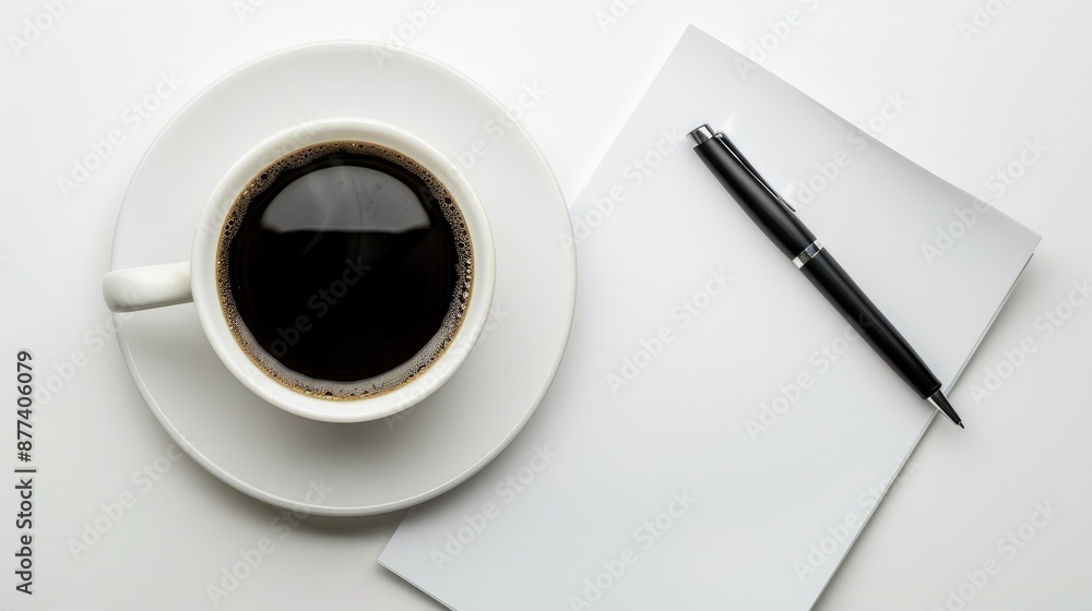 Top down view of a white table with coffee pen and paper used for business or education
