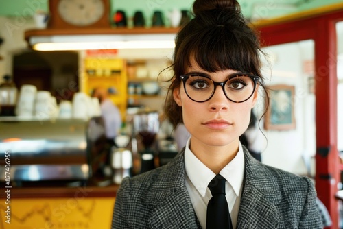 A woman with glasses and a neatly-tied tie stands in a coffee shop, looking intently toward the camera. A man is visible in the background photo