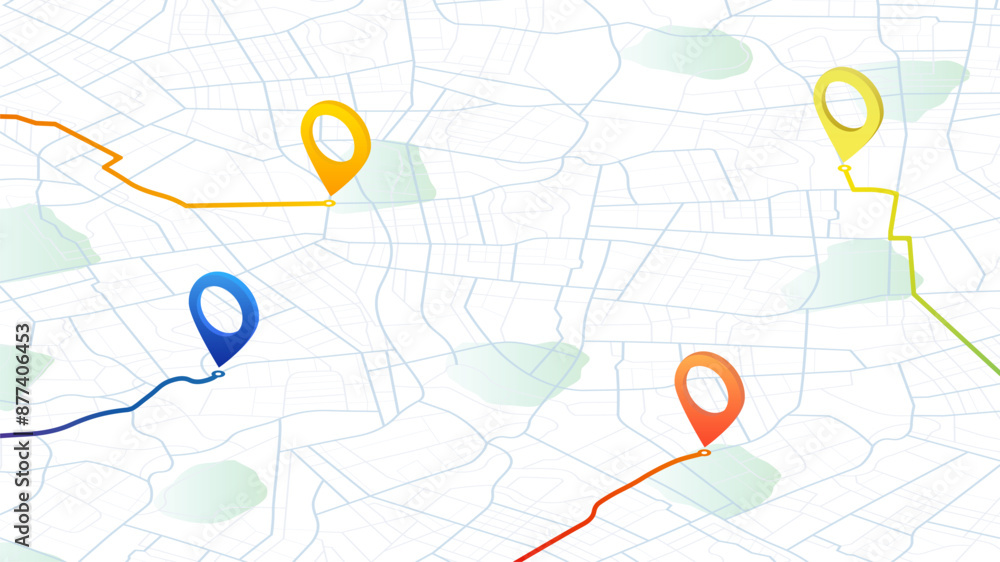 Fototapeta premium Isometric map with pins location on streets, marked with different colors. Pins connected by lines, as routes. Vector illustration