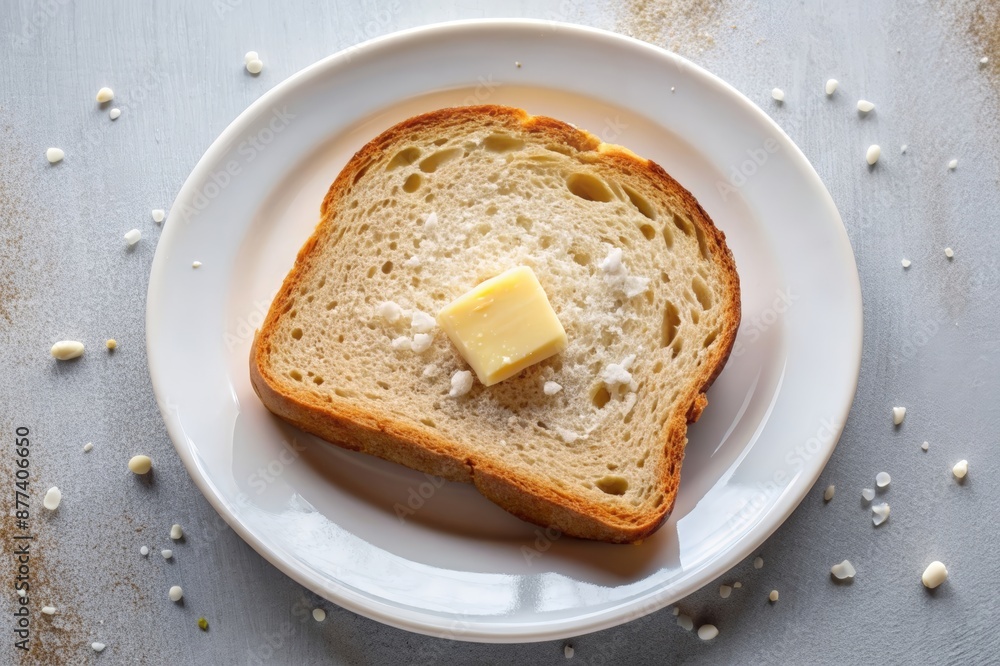 Minimalist composition with a single slice of fresh bread and butter Minimalist composition with a single slice of fresh bread and butter