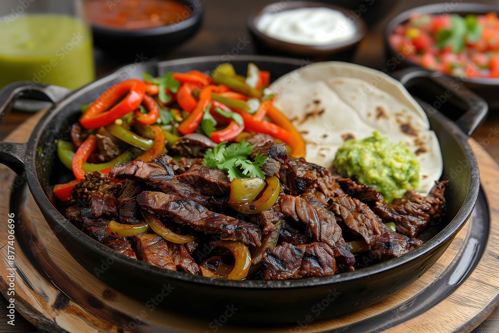Sizzling Platter of Beef Fajitas with Bell Peppers, Tortillas, and Guacamole Sizzling Platter of Beef Fajitas with Bell Peppers, Tortillas, and Guacamole