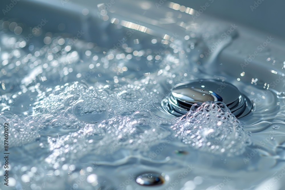 Bathtub's drain, water droplets glistening on the freshly rinsed surface close-up.