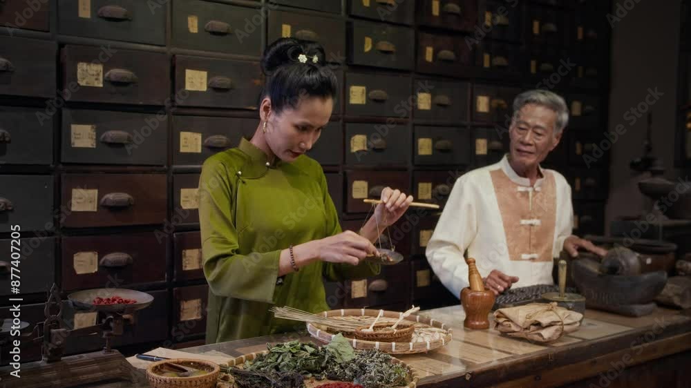 Medium long shot of mature Asian herbalist teaching young daughter weighing ingredients at pharmacy Medium long shot of mature Asian herbalist teaching young daughter weighing ingredients at pharmacy