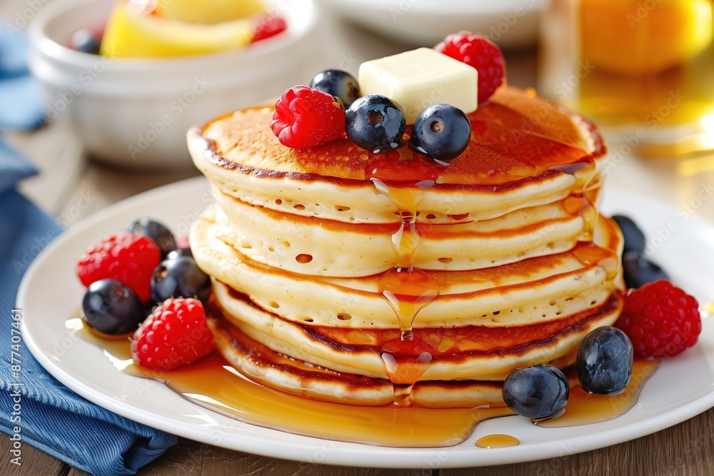 Stack of Fluffy Pancakes Topped with Butter, Syrup, and Fresh Berries Stack of Fluffy Pancakes Topped with Butter, Syrup, and Fresh Berries