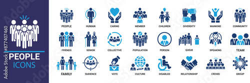 People icon set. Containing group, family, human, team, community, friends, population and senior icons. Solid icon collection.