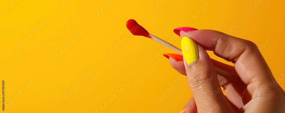 Woman's Hand Holding a Wooden Stick with Red and Yellow Nail Polish on a Yellow Background Woman's Hand Holding a Wooden Stick with Red and Yellow Nail Polish on a Yellow Background