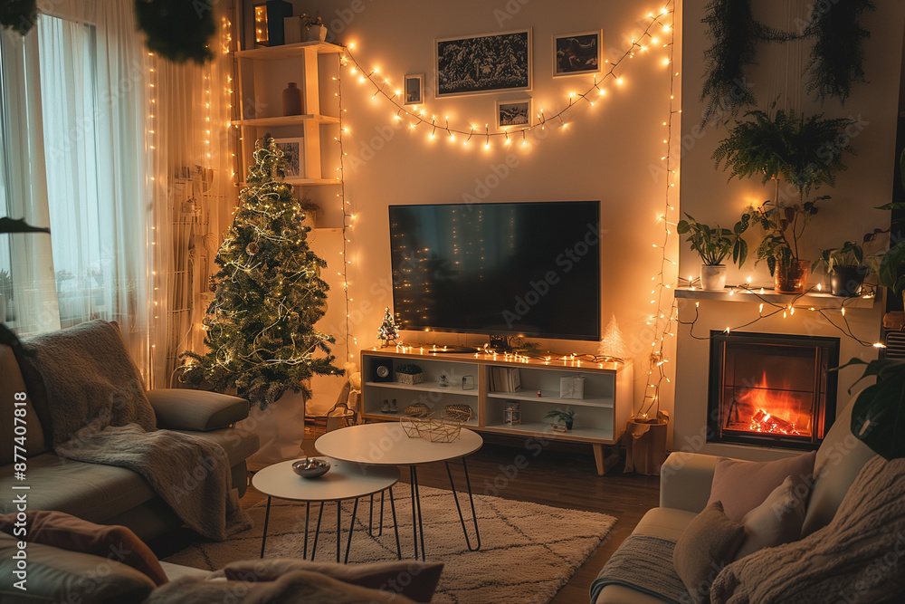 Interior of living room with Christmas tree, sofas and glowing lights Interior of living room with Christmas tree, sofas and glowing lights