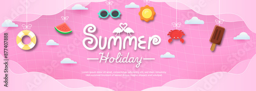 A colorful summer holiday poster with a pink background. The poster features a variety of summer-themed items such as sunglasses, a crab, a flamingo, a watermelon, and a beach ball