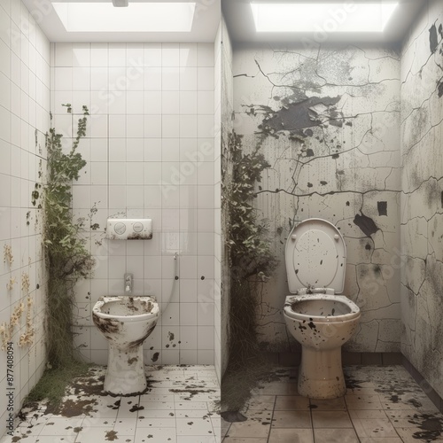 Dirty toilet room before after.