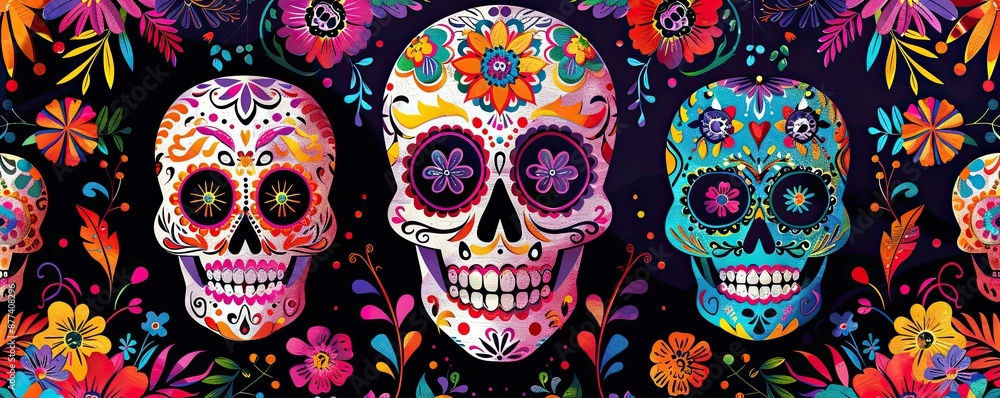 Vibrant Day of the Dead Sugar Skulls Wallpaper with Floral Accents - Colorful Dia de Muertos Holiday Illustration Vibrant Day of the Dead Sugar Skulls Wallpaper with Floral Accents - Colorful Dia de Muertos Holiday Illustration
