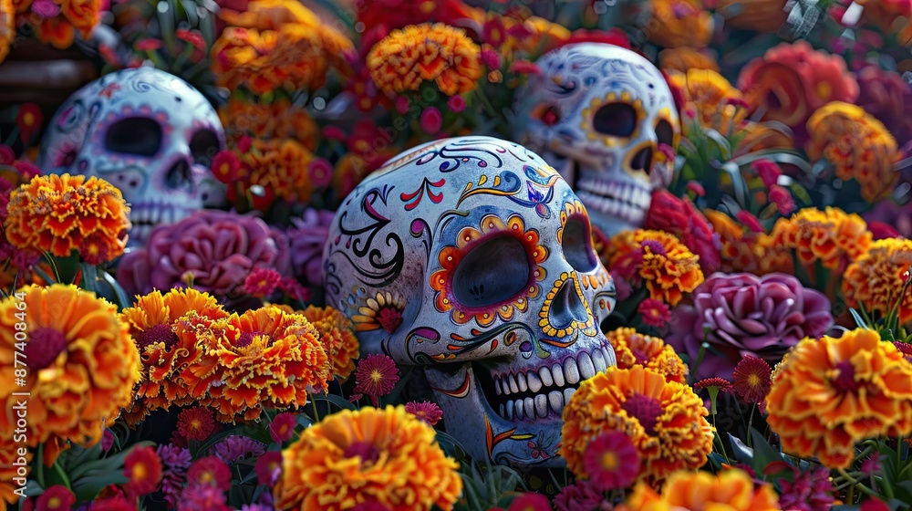 Vibrant Day of the Dead Celebration with Sugar Skulls and Marigolds in a 3D Rendered Garden Vibrant Day of the Dead Celebration with Sugar Skulls and Marigolds in a 3D Rendered Garden