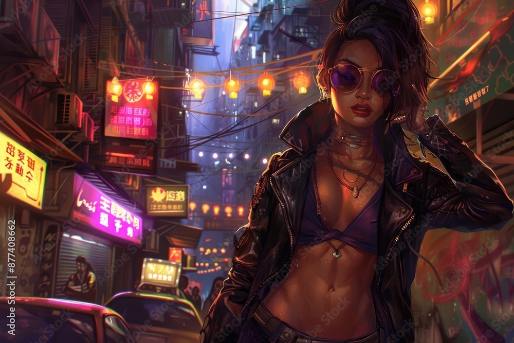 A woman in a leather jacket and sunglasses walks through a bustling city street lined with neon signs and lanterns A woman in a leather jacket and sunglasses walks through a bustling city street lined with neon signs and lanterns