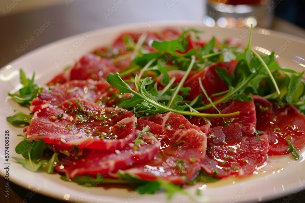 Delicious appetizer of thinly sliced beef carpaccio seasoned with sauce and fresh arugula served on white plate Delicious appetizer of thinly sliced beef carpaccio seasoned with sauce and fresh arugula served on white plate