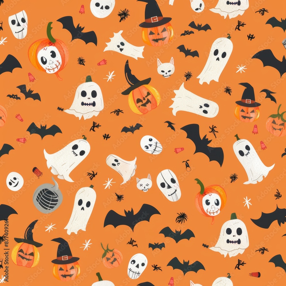 Fototapeta premium Grunge Vector illustration with pumpkin, ghost, skull and vampire monster. Halftone 90s vintage elements for mixed media design.