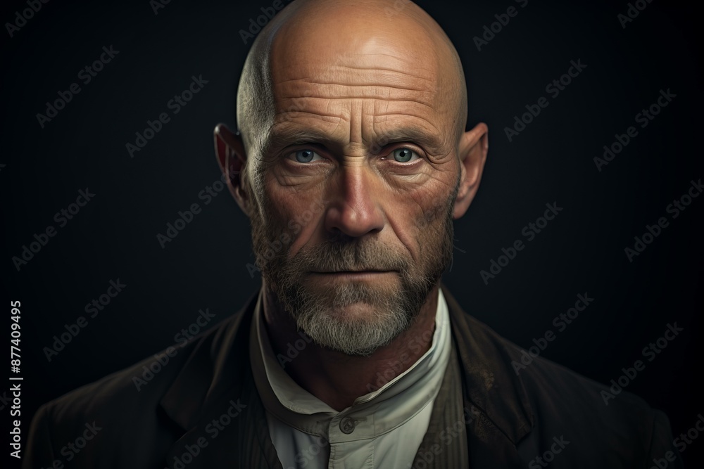 Close-up portrait of a bald senior man with piercing eyes against a dark background Close-up portrait of a bald senior man with piercing eyes against a dark background
