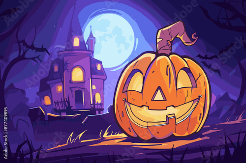 Halloween Jack o Lantern in Front of a Haunted House 