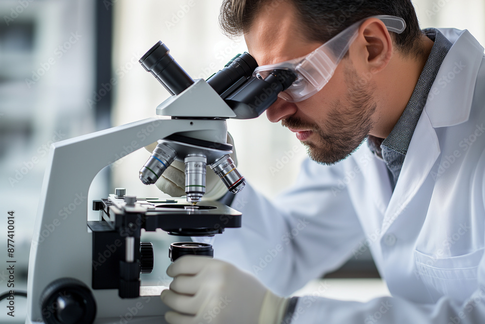 A scientist with a Microscope, in a bright laboratory. The study of viruses by scientists A scientist with a Microscope, in a bright laboratory. The study of viruses by scientists