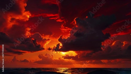 vibrant sunset with rays of colorful light piercing through scattered clouds, creating a rainbow effect above the ocean. The clouds move gently, adding a dynamic yet tranquil feel, 4K Wallpaper photo