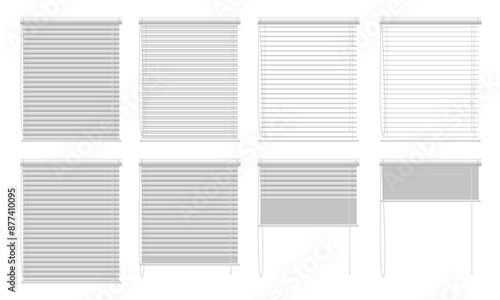 Window blinds open animation. Stages of Venetian blinds opening and closing, horizontal slat blinds options for window decor. Isolated vector illustration set.