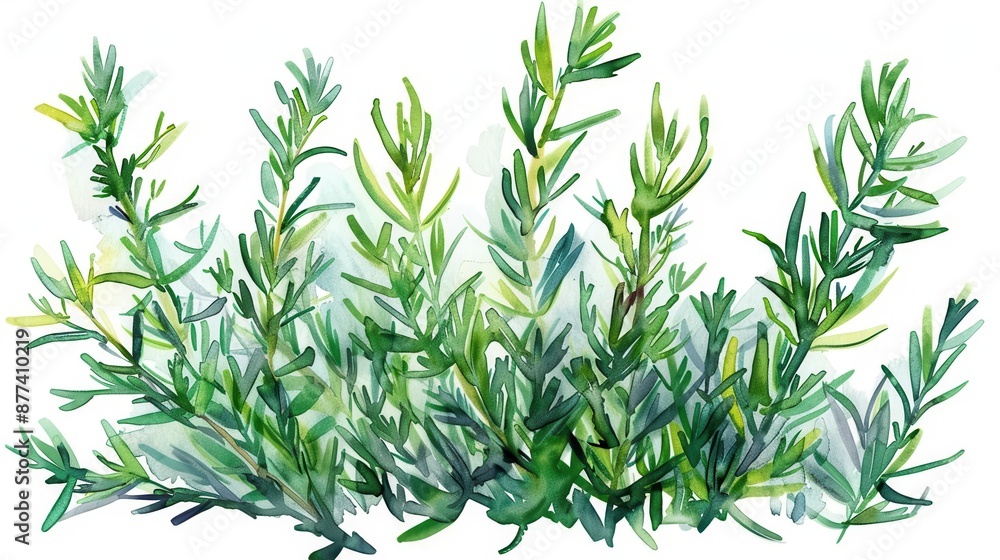 Fototapeta premium a rosemary bush, botanical element, watercolor illustration, vibrant green, isolated on white background