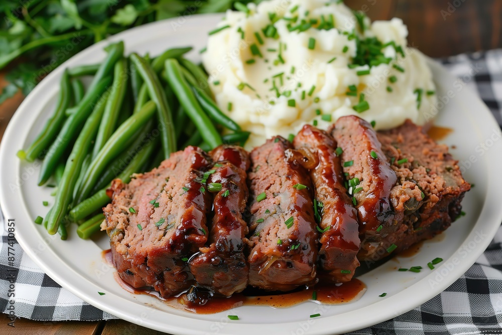 Thick Slice of Glazed Meatloaf Served with Mashed Potatoes and Green Beans Thick Slice of Glazed Meatloaf Served with Mashed Potatoes and Green Beans