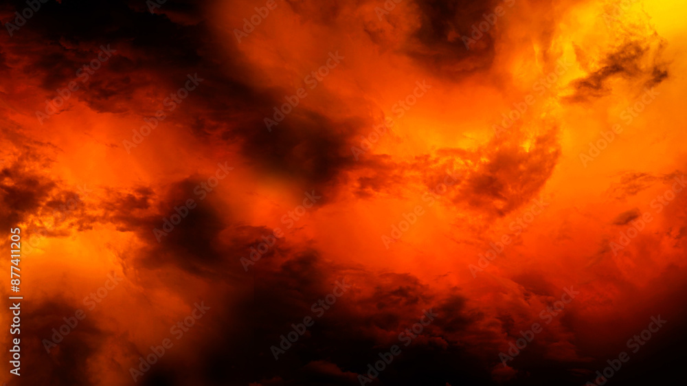 Black dark red orange yellow pattern background. Night sky fire explosion burst flame blaze smoke burning light glow hot. Horror hell evil scary ominous spooky creepy. Design.