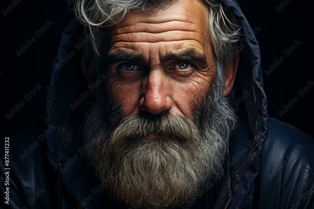 Close-up of a senior man with a thick beard, looking intently at the camera Close-up of a senior man with a thick beard, looking intently at the camera