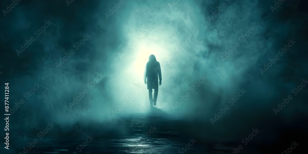 Symbolism of a Shadowy Figure in Mist Depicting Mental Health Struggles and Inner Darkness. Concept Symbolism, Shadowy Figure, Mental Health Struggles, Inner Darkness, Mist, Symbolic Photography Symbolism of a Shadowy Figure in Mist Depicting Mental Health Struggles and Inner Darkness. Concept Symbolism, Shadowy Figure, Mental Health Struggles, Inner Darkness, Mist, Symbolic Photography