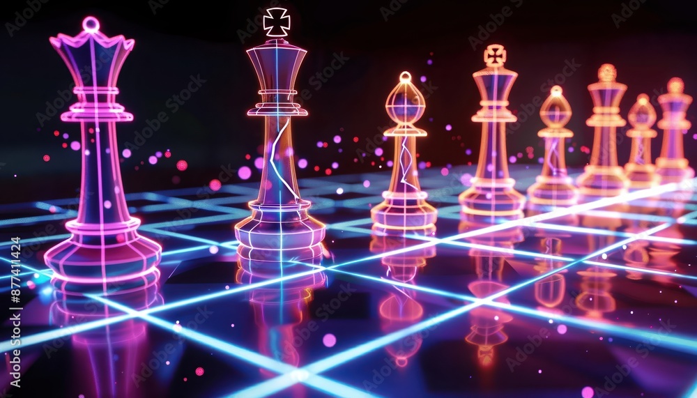 Competitive business decisionmaking depicted through a futuristic chessboard, strategic moves highlighted, neon glow, 3D rendering Competitive business decisionmaking depicted through a futuristic chessboard, strategic moves highlighted, neon glow, 3D rendering