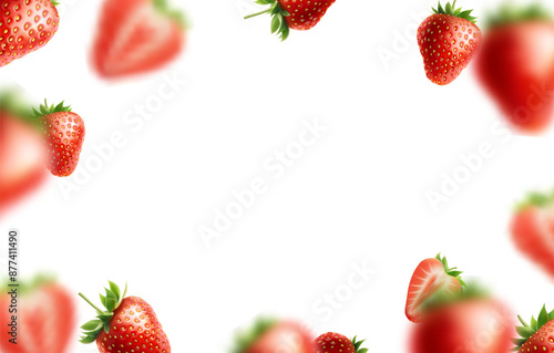 3d realistic vector illustration banner. Frame made of falling red strawberries. Isolated on white background.
