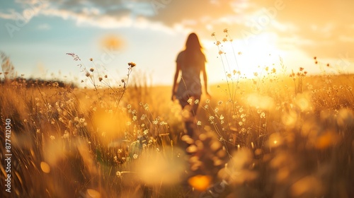 a woman walking through a field of tall grass at sunset