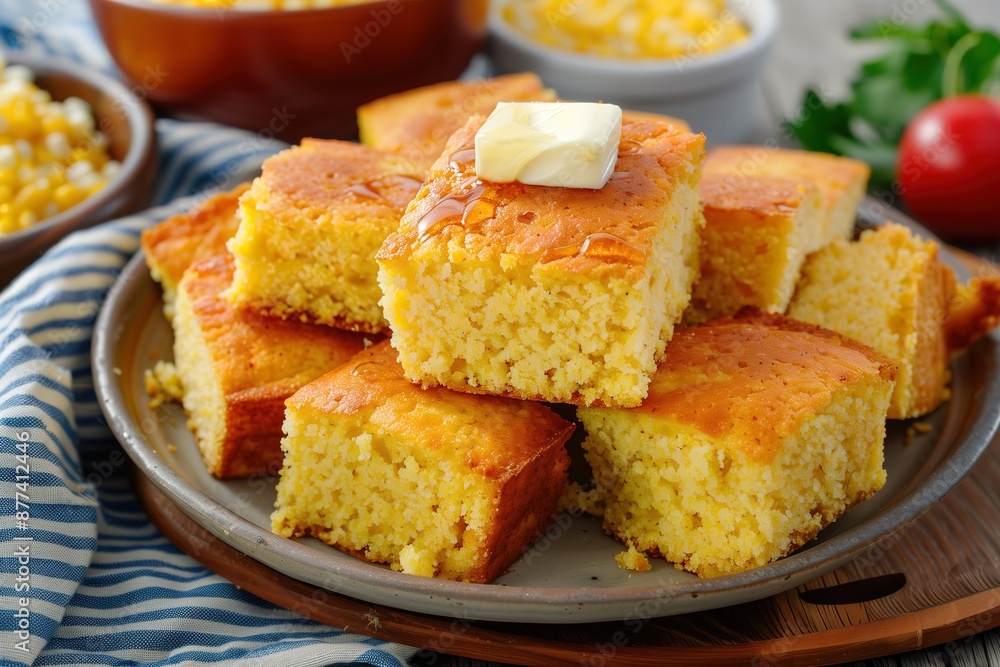 Golden Brown Cornbread Loaf Sliced Squares with Melting Butter and Honey Drizzle Golden Brown Cornbread Loaf Sliced Squares with Melting Butter and Honey Drizzle